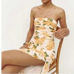 Reformation Strapless Dress in Cream with Orange Floral